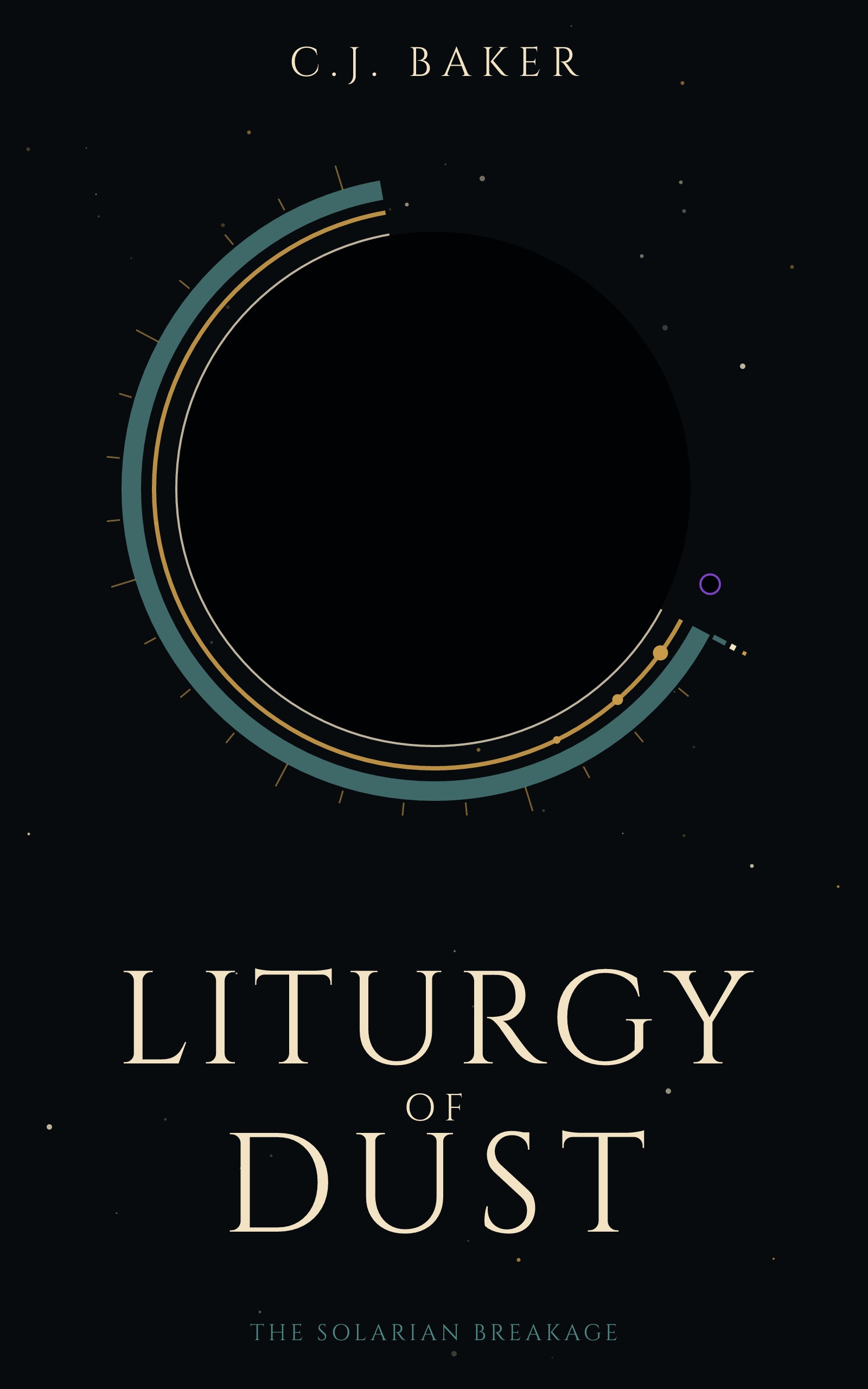 Liturgy of Dust Broken Halo cover with a fractured teal and gold eclipse ring.